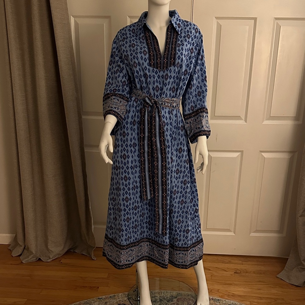 Chic Blue Patterned Long Sleeve Dress